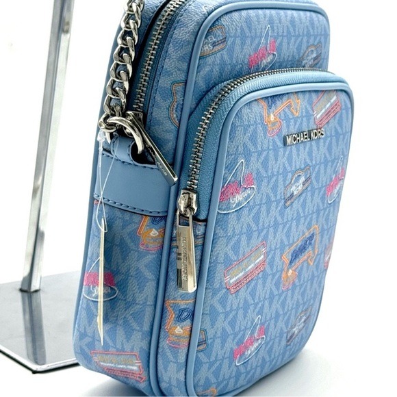 Michael Kors Jet Set Medium Printed Signature Logo Crossbody Bag Light Sky Blue - Picture 4 of 11